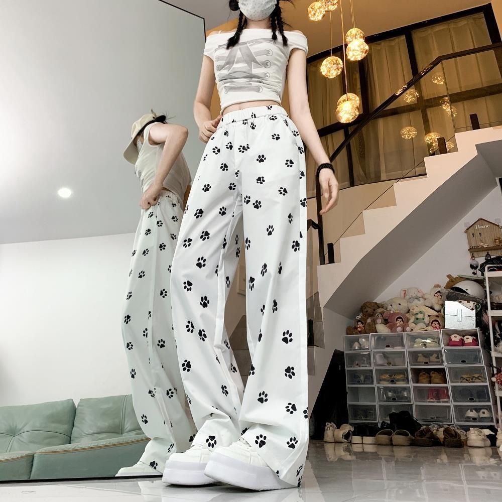 Full seal dog footprint casual pants for women's summer white dog paw pants loose high waist straight sport pants