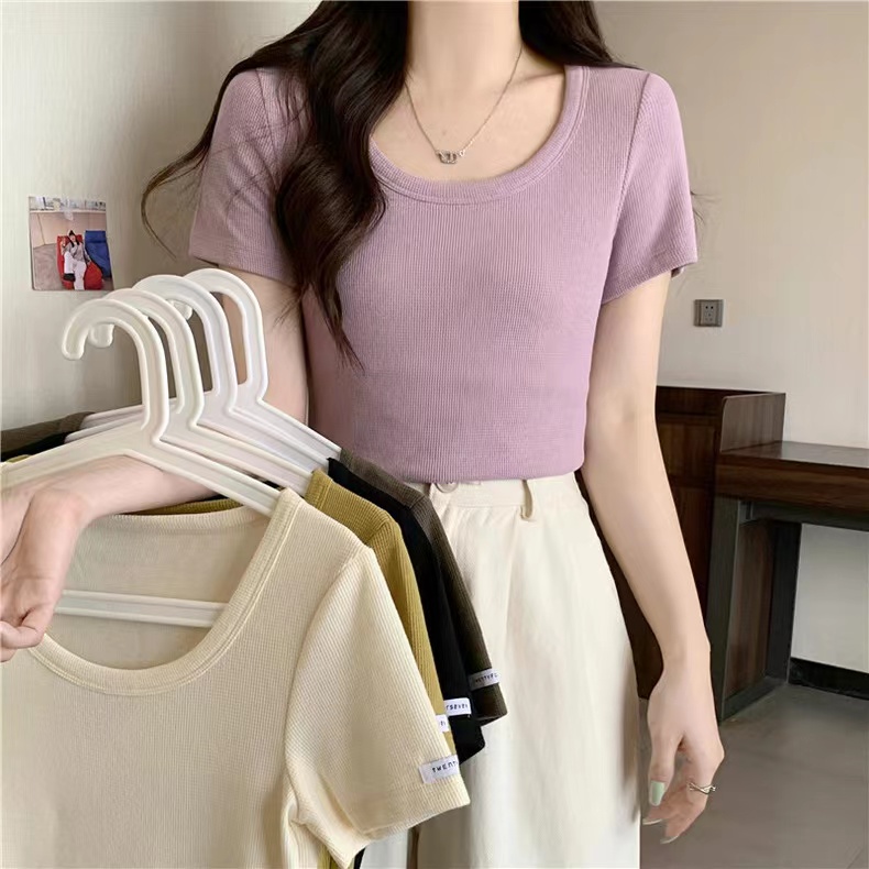 Real shot of waffle pinstripe short-sleeved T-shirt top for women