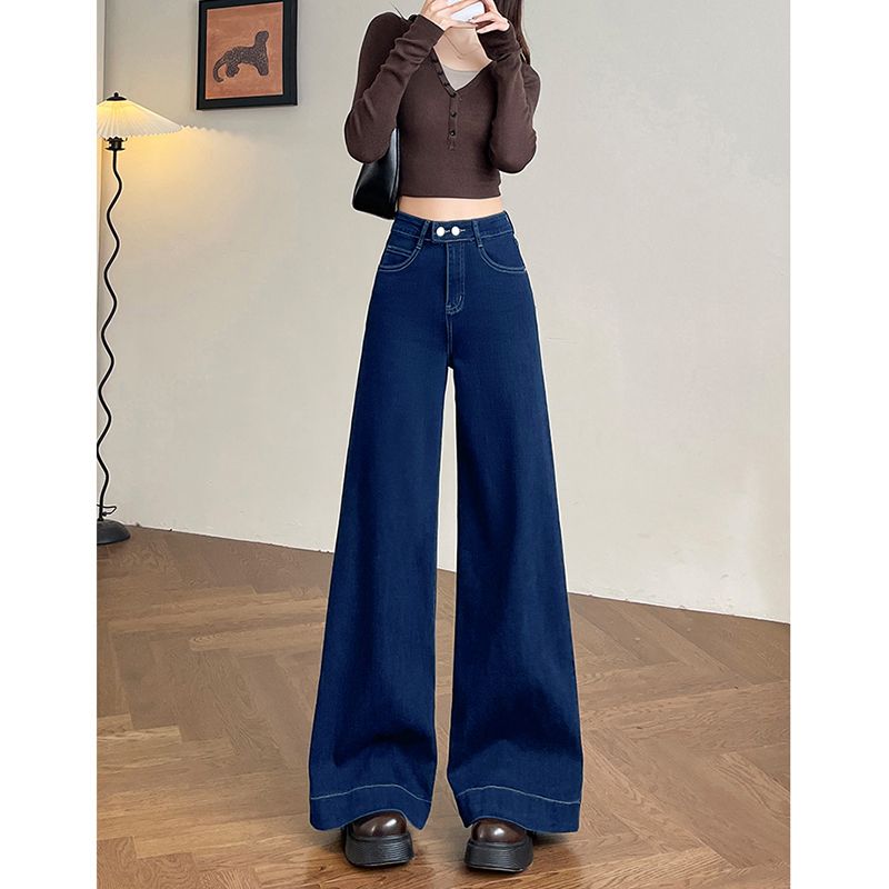 Personalized double button wide-leg jeans for women in spring and autumn new loose and slim, high waist floor jeans trendy