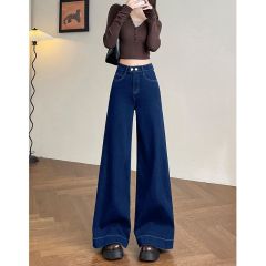 Personalized double button wide-leg jeans for women in spring and autumn new loose and slim, high waist floor jeans trendy