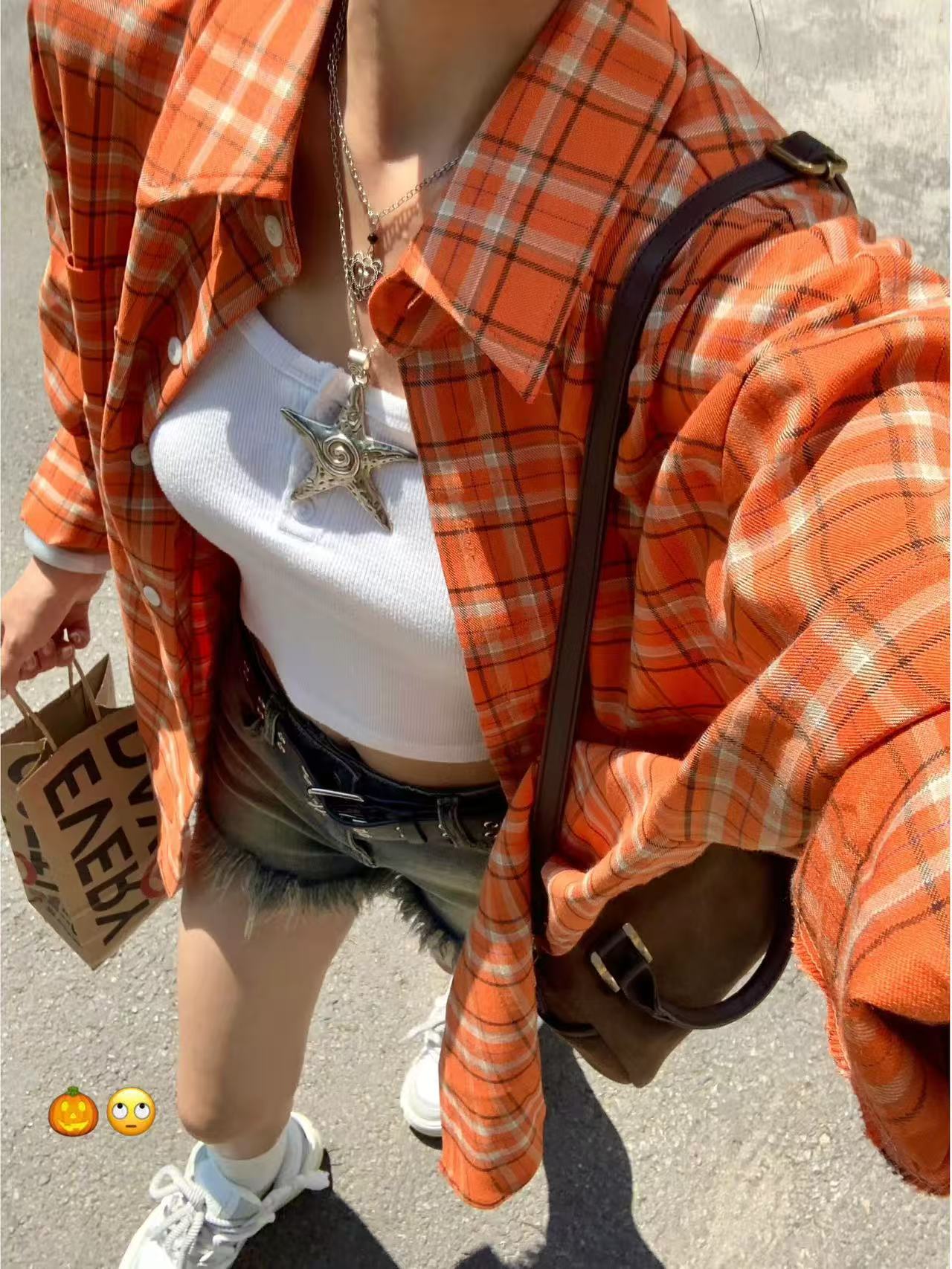 非實拍 美式復古橘色格紋長袖襯衫女寬鬆疊穿polo領長袖襯衣