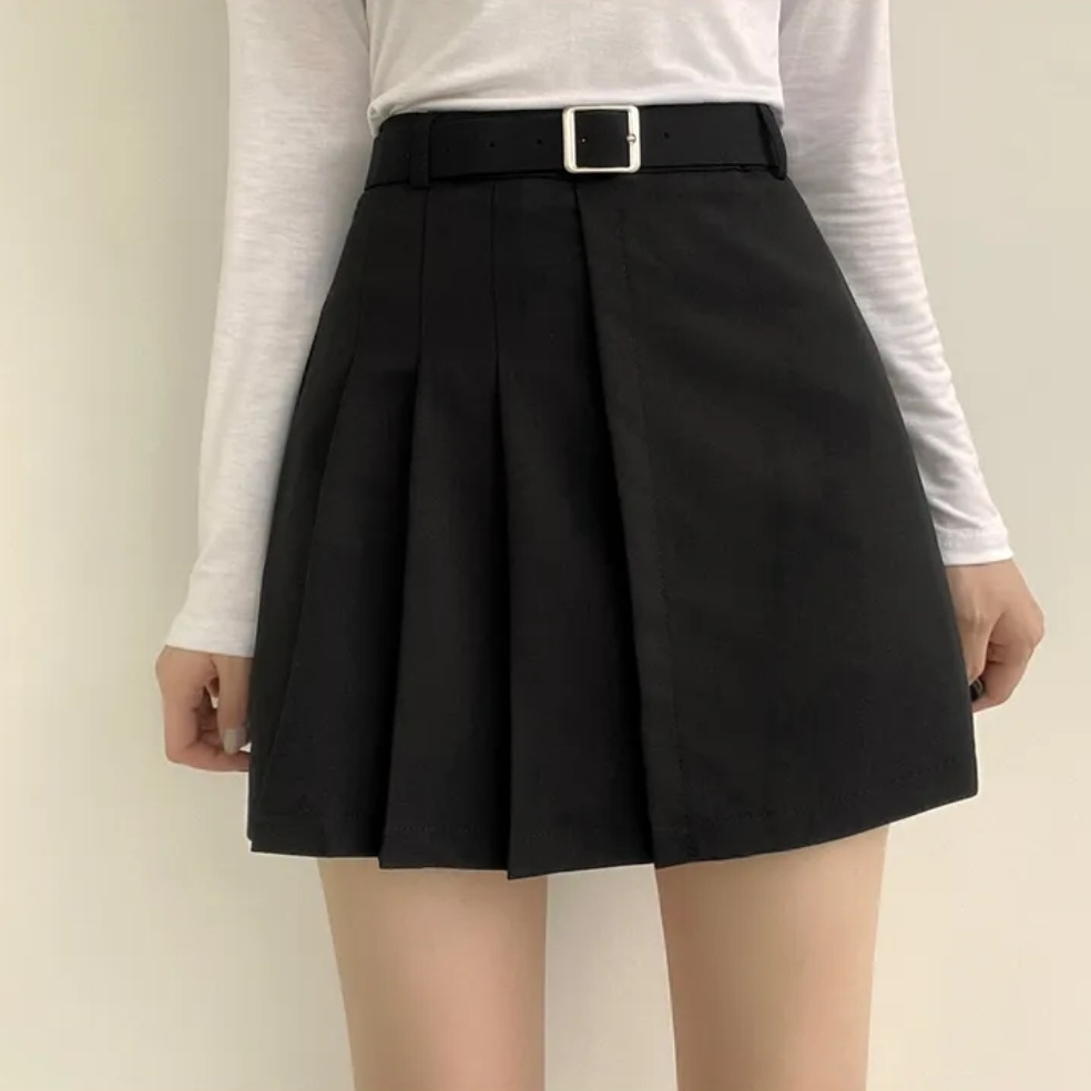 Korean chic summer high waist pleated A-line skirt with belt irregular suit skirt
