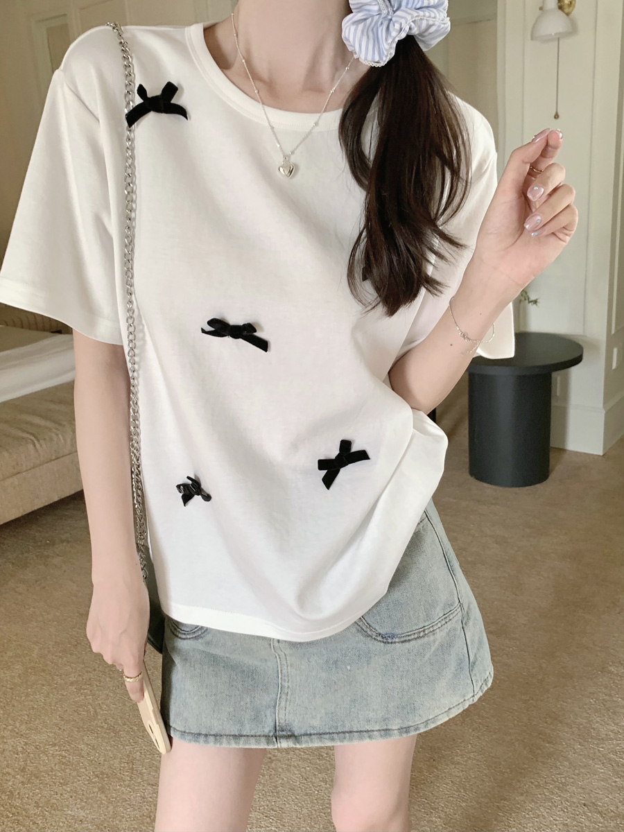 Pure cotton round neck collapse shoulder short-sleeved T-shirt for women with three-dimensional bow design loose base shirt top trendy