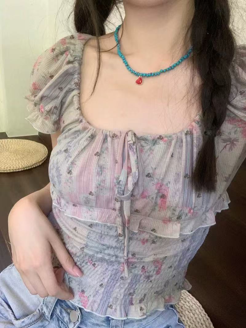 非實拍 系帶碎花短袖上衣春夏小衫設計感小眾別致短款上衣潮