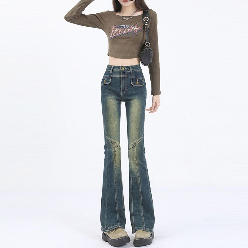 Design niche jeans for women with high waist spring and autumn new style slim and high floor horn horseshoe jeans
