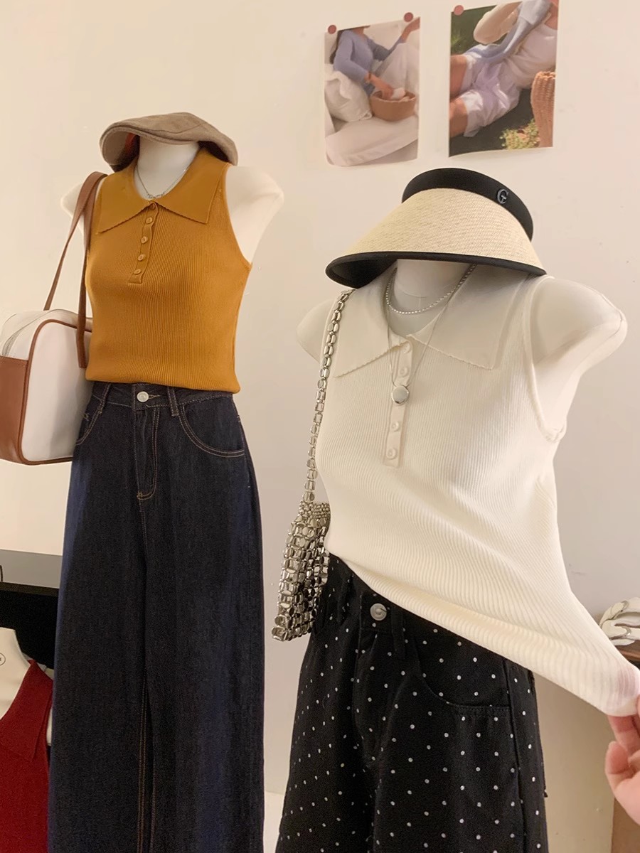 顯白復古落日橘polo領無袖背心針織衫女夏季修身淨版氣質坎肩上衣