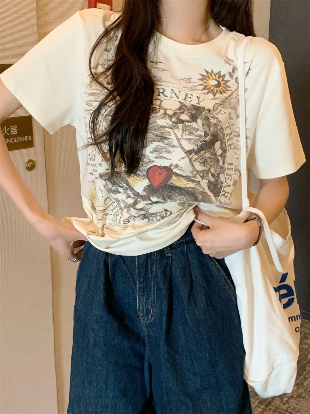 Real shot 21 pure cotton 210g 100% cotton front and back printed short-sleeved T-shirt for women loose