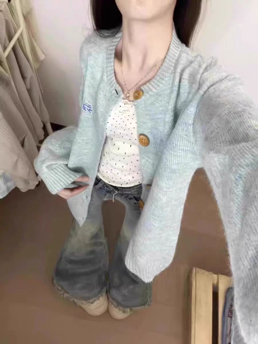 fufu lazy style blue sweater women's jacket late autumn early winter outfit 2025 new high-end knitted cardigan
