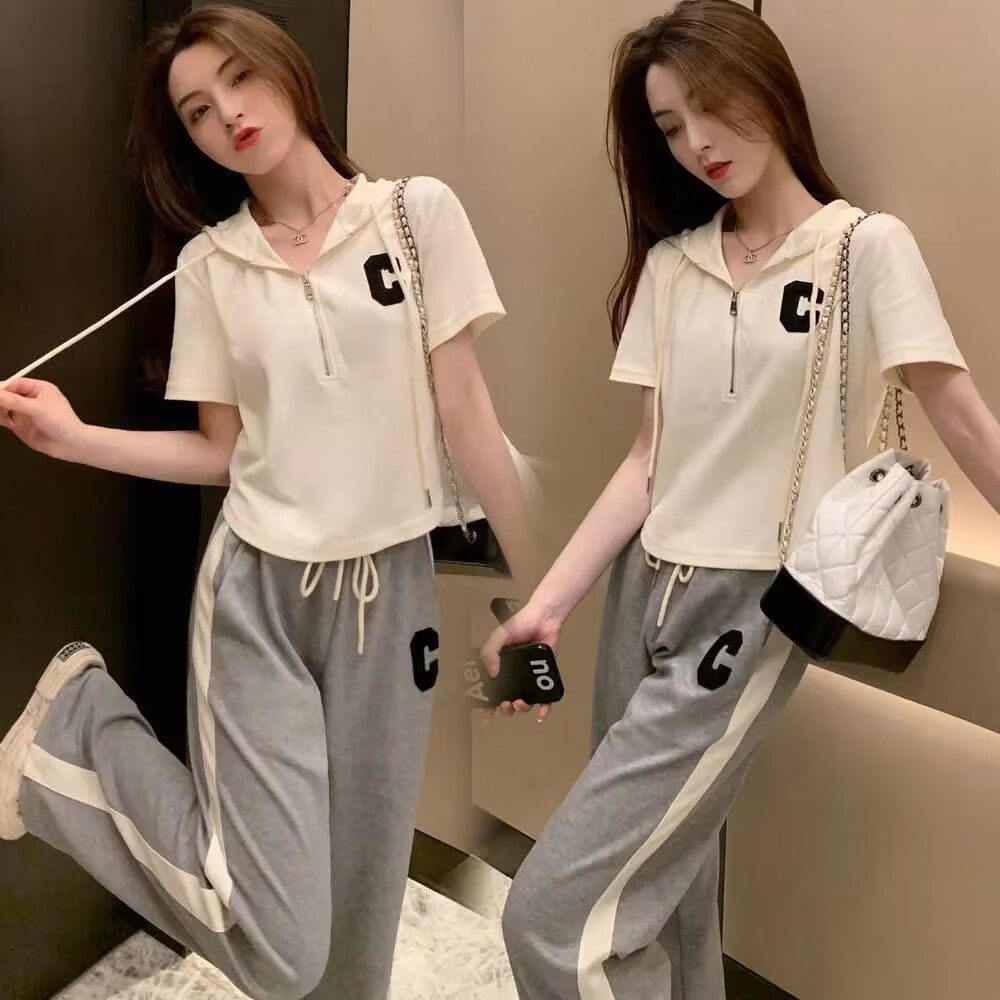 Casual sports suit for women 2025 summer Korean new style fashion large size loose hooded short sleeve two-piece set