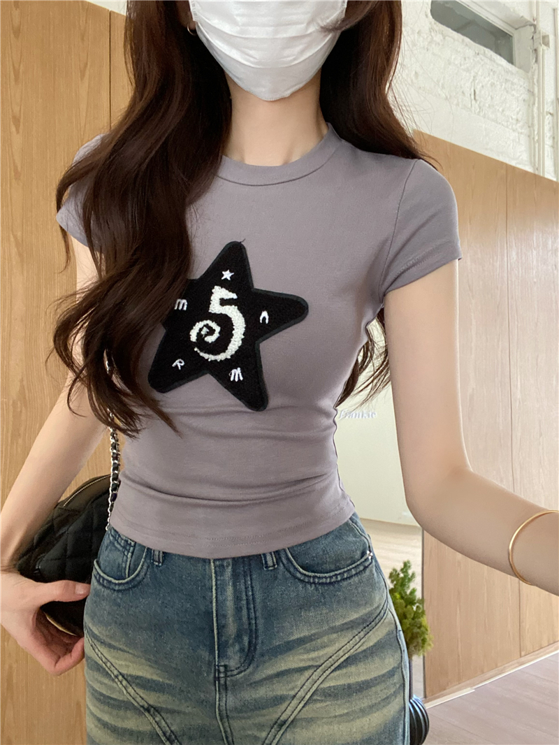 Real-life round neck straight shoulder short-sleeved T-shirt for women with niche slim fit and sexy short chic top