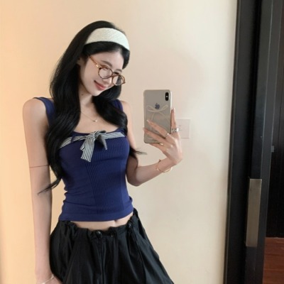 Pure sexy hot girl bow suspender vest for women in summer slim fit slim backless short style outside wearing sleeveless top