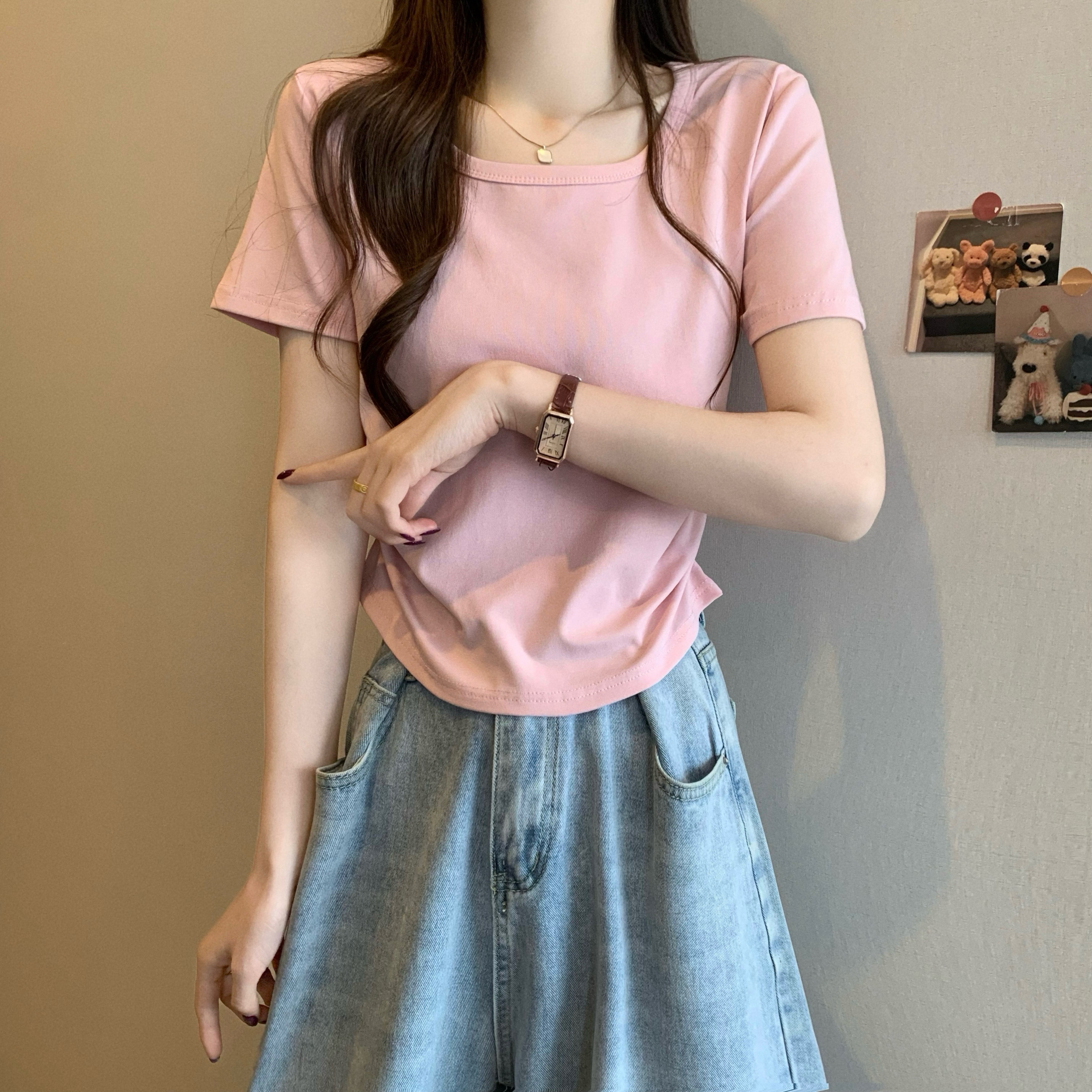 Real shot, new Korean style design, slim and short-sleeved T-shirt