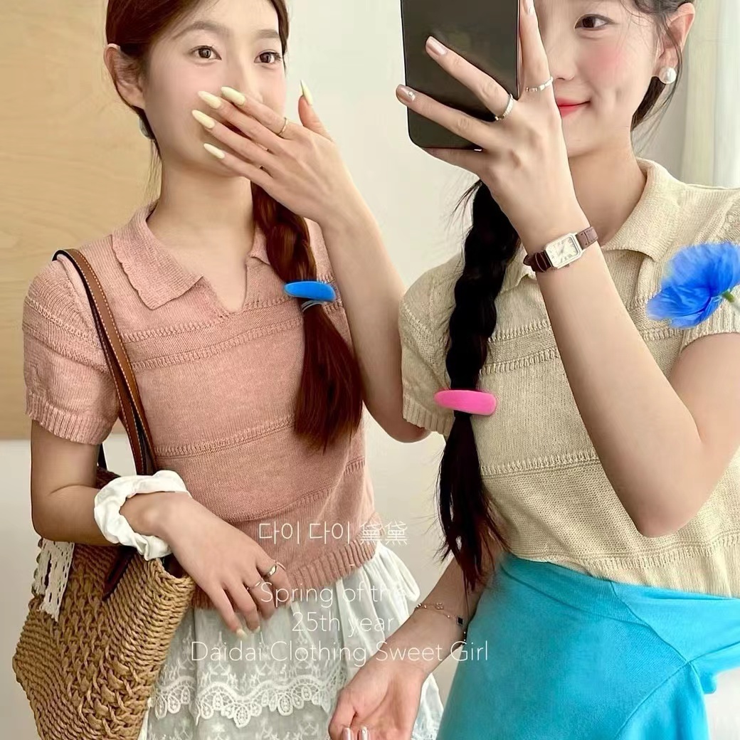 Korean version of POLO neck hollow short sweater for women 2025 spring and summer age-reducing short-sleeved bottoming shirt top