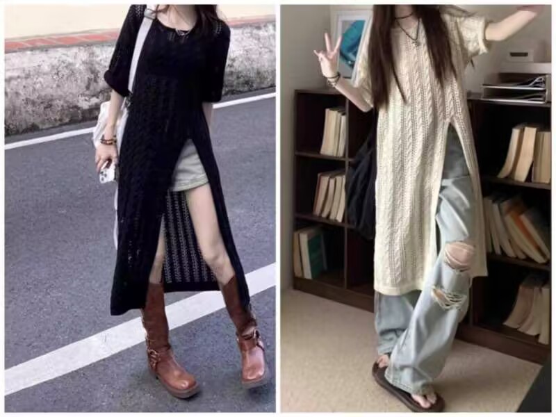 Korean version of hollow knitted dress for women in summer 2025 new loose slit short-sleeved sunscreen blouse long skirt thin