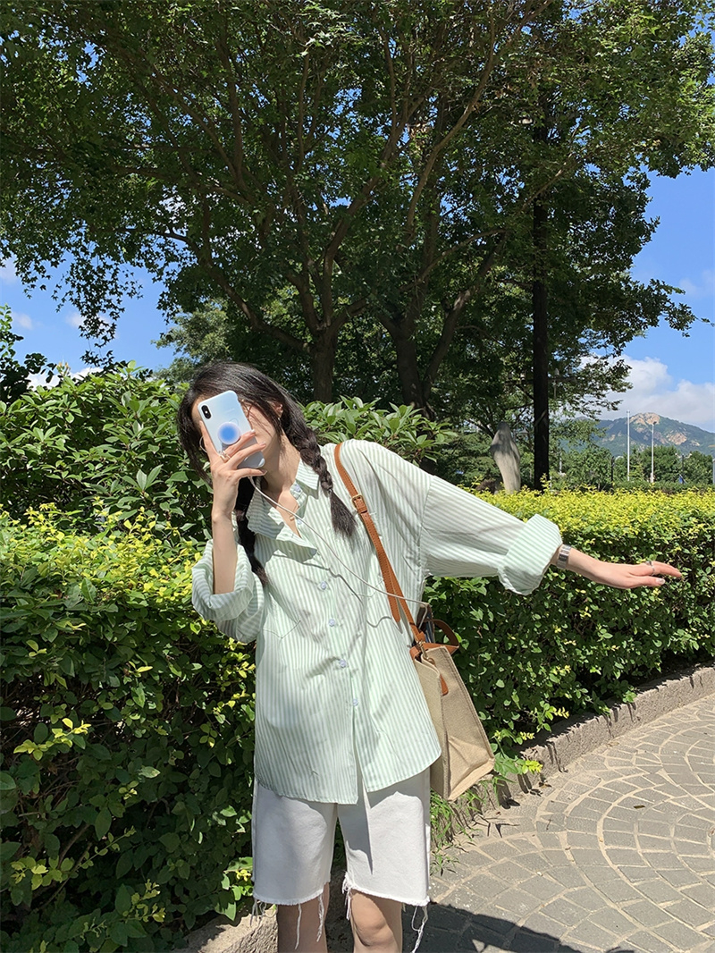 Early spring Korean sun protection top lazy style loose long-sleeved striped shirt for women