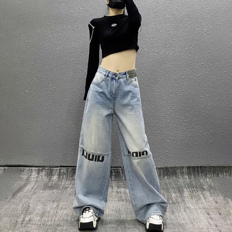 Hong Kong style retro jeans for women with high waist new style loose straps to show slim watermark straight wide-leg floor pants