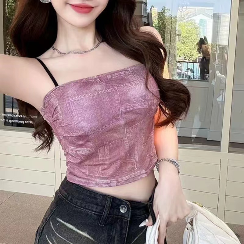Chest pad suspender vest for women with inner tie-dye printing pure sexy sleeveless short style with outer bottoming tube top