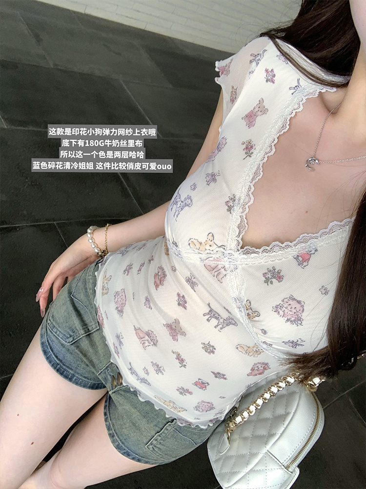 Korean chic floral v-neck lace short-sleeved T-shirt for women in summer new pure shoulder slim slim versatile top