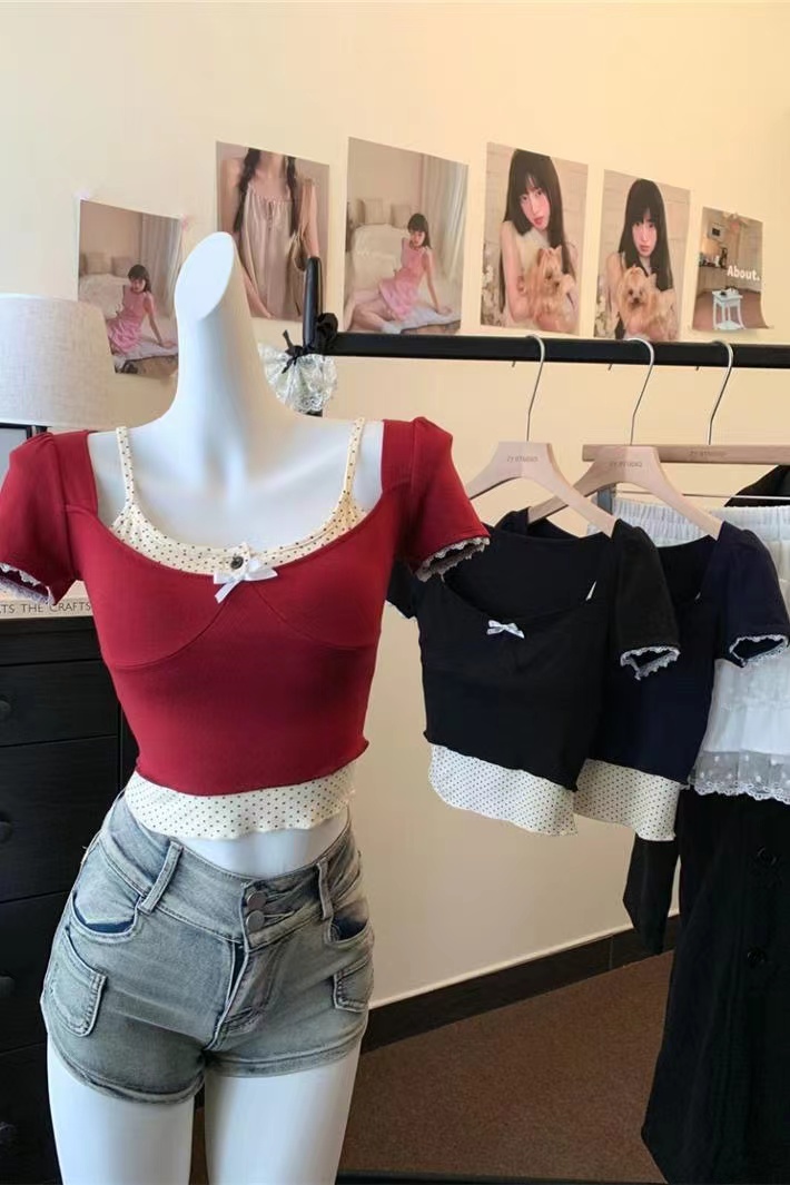 2025 summer new polka dot suspender inner vest + short T-shirt with chest pad beautiful back two-piece set