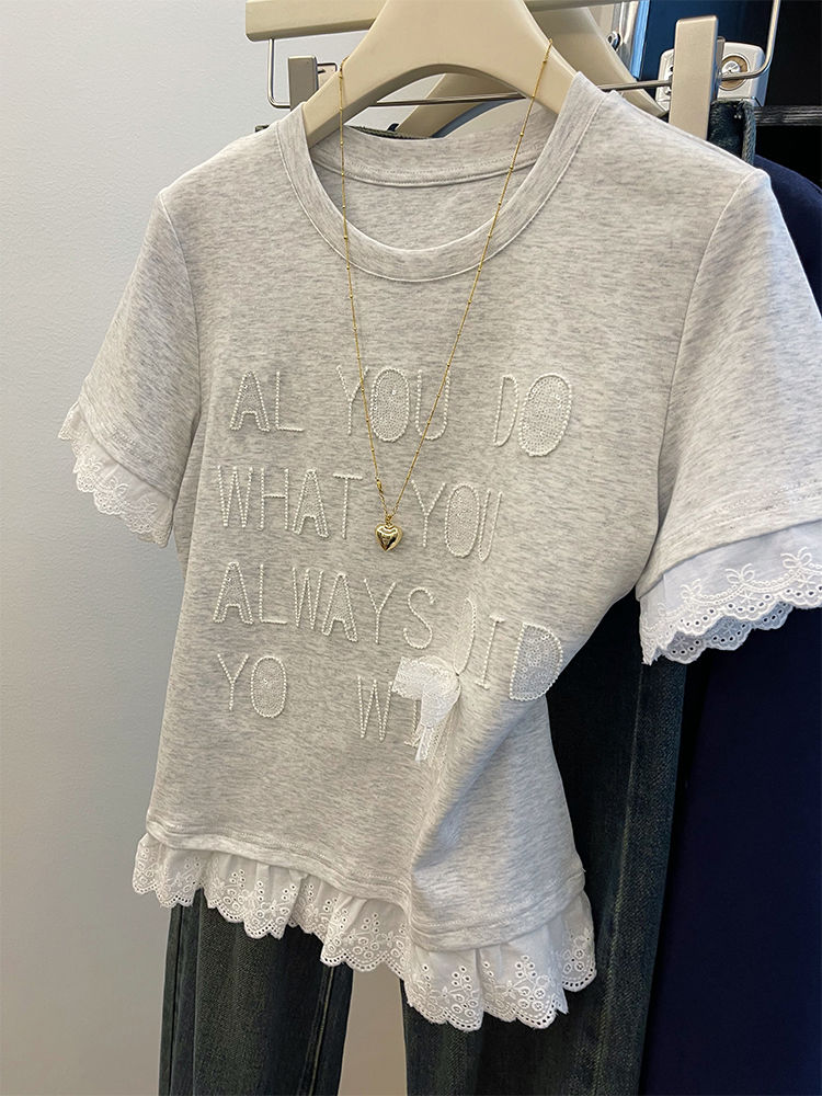 Korean chic summer new lace splicing fake two-piece short-sleeved T-shirt short slim fit and small top