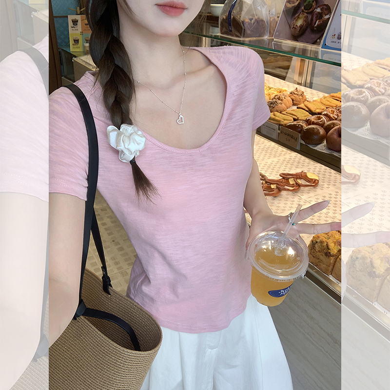 Real-life pure style basic V-neck short-sleeved shoulder T-shirt for women in summer stretch thin slim top