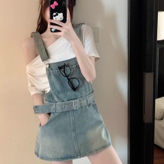 Korean versatile age-reducing denim strap skirt summer new style small short skirt pants high waist slim body skirt pants