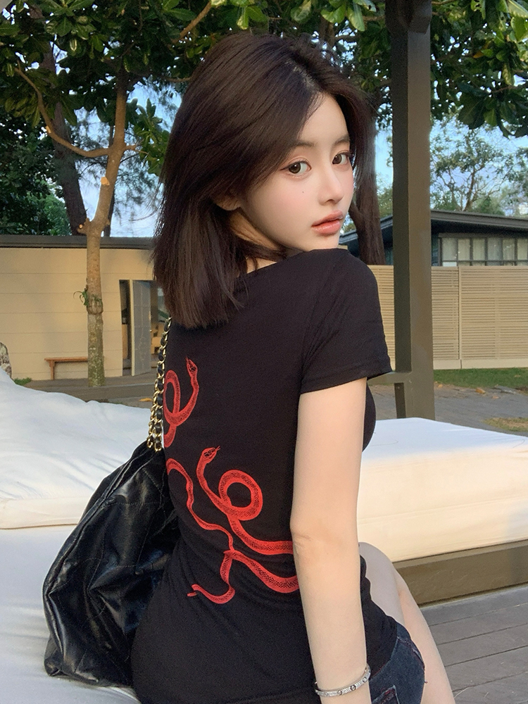 Korean chic print irregular waist-closing short-sleeved T-shirt for women in summer new high-end and chic short top