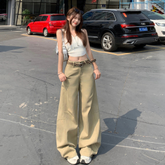 美式卡其杏色牛仔褲女設計感拼接卡其色寬鬆闊腿直筒長褲加長