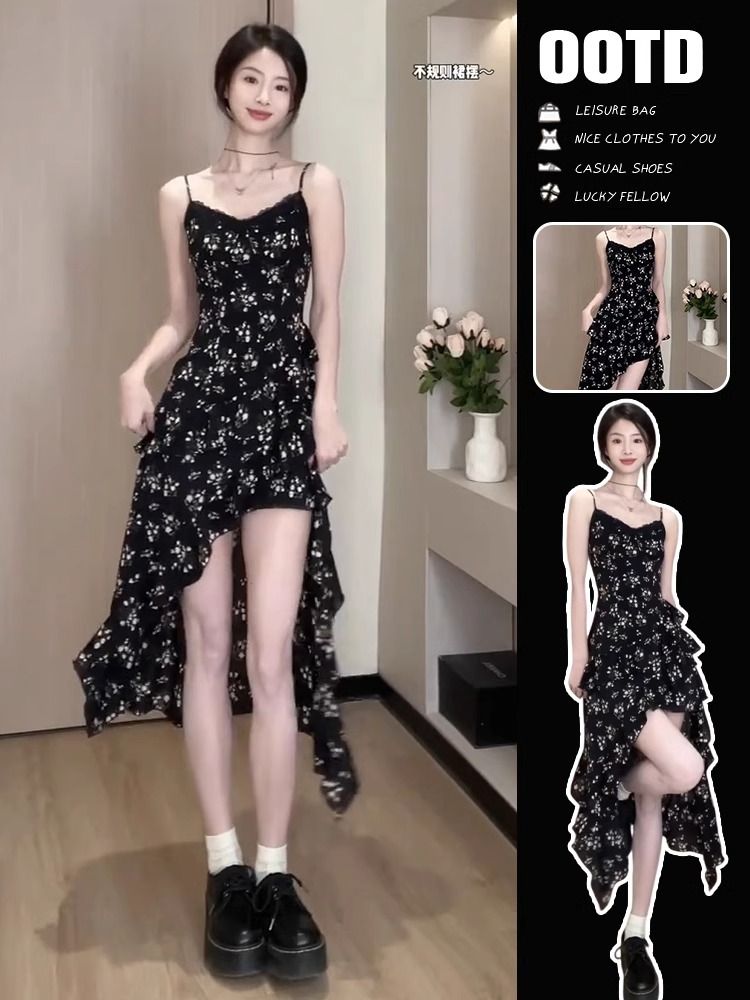 French high-end black irregular suspender skirt beautiful gentle temperament dress with high-end slim floral short skirt