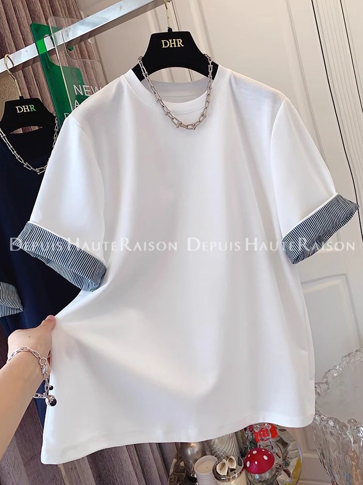 21 super cool cotton, extra large size 240 catties French age-reducing sweet striped short-sleeved T-shirt Copy title Copy
