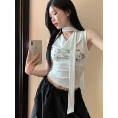 官圖 彩棉羅紋印花盪領純欲性感無袖掛脖吊帶小背心