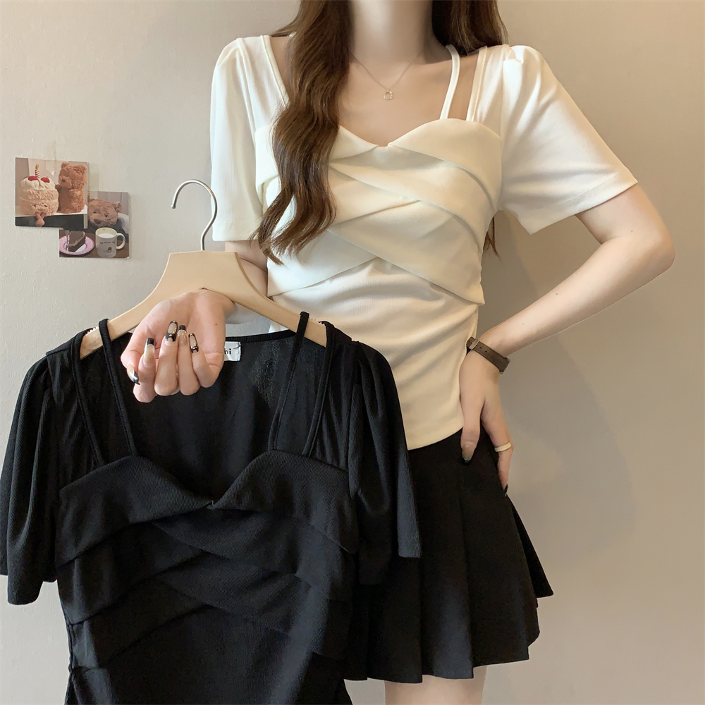 260g cotton 2*2 design niche short-sleeved T-shirt for women slim strap