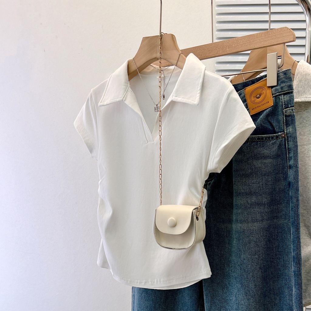 Real shot 40 pure cotton 210g 92 cotton/8 spandex polo collar short-sleeved T-shirt for women