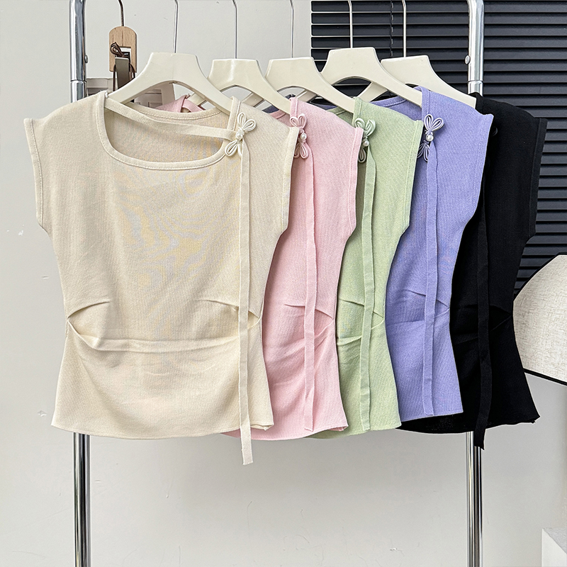 Light Chinese style high-end buckle tie knitted T-shirt for women's summer niche fashion trendy pleated waist-hugging top
