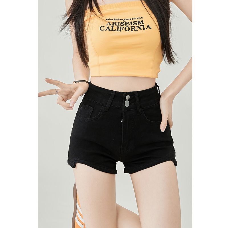 All-match simple double button straight jeans for women in spring and summer new Korean style hip-packing to make them look slim and taller denim shorts trendy