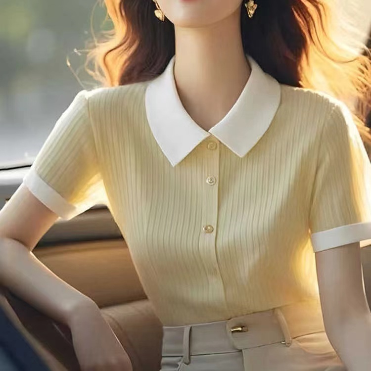 Elegant temperament and popular beautiful tops in summer new product lapel short sleeve color blocking and thin style versatile knitted cardigan