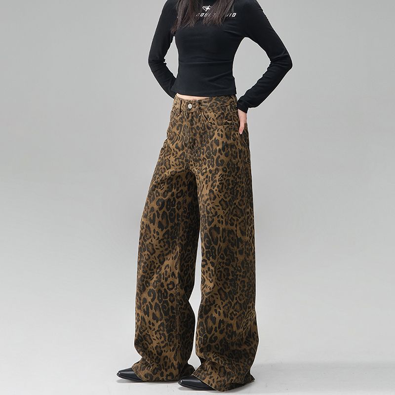 Neutral versatile leopard print wide-leg jeans for women in spring and autumn new style design loose and high-slim floor jeans