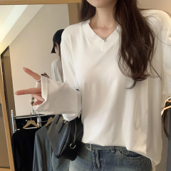 Real photos pure and loose V-neck base shirt for women 2025 new European products with high-end long-sleeved T-shirt
