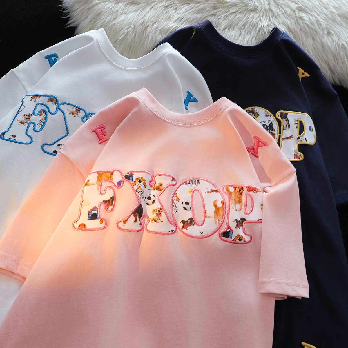 American sweet and cool style puppy embroidered cotton short-sleeved T-shirt for men and women summer ins trendy brand loose couple half-sleeved top