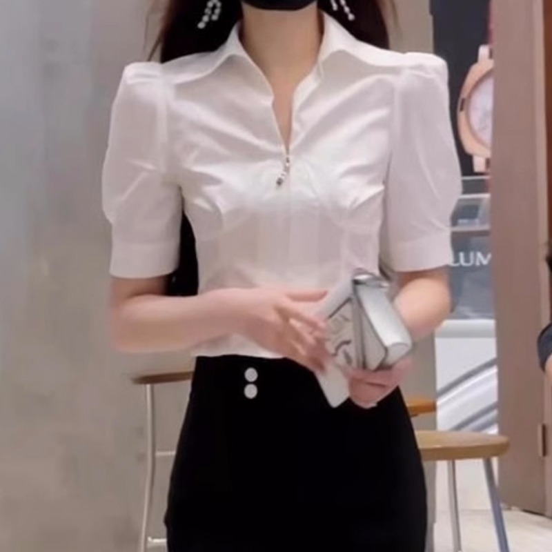 白色襯衫女短款拉鏈辣妹高腰顯瘦襯衣短袖女設計感小眾別致上衣潮