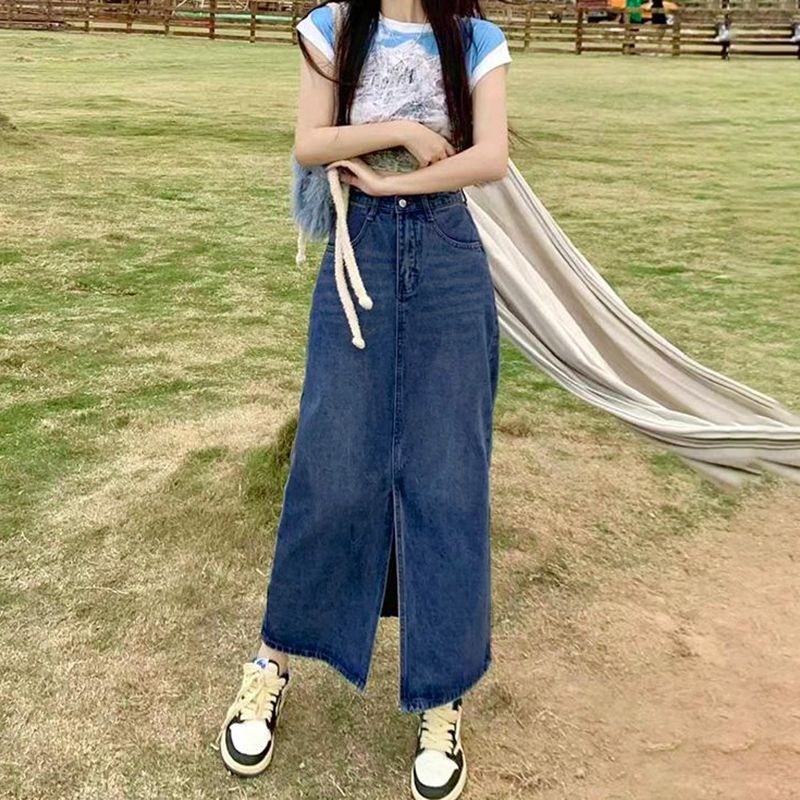 Commuting sweet slit hip denim half-length skirt for women in spring and summer new high-waisted meat-covered long denim skirt trendy