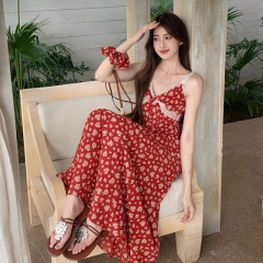 Korean lace spliced ​​floral suspender dress for women in summer new style slim and niche long skirt trendy