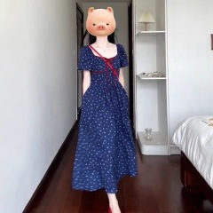 茶歇法式藍色碎花連衣裙子女夏季2025新款小個子氣質收腰顯瘦長裙