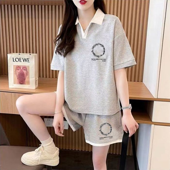 實拍純棉32支雙紗230克夏季新款polo短袖T恤短褲套裝女大碼兩件套