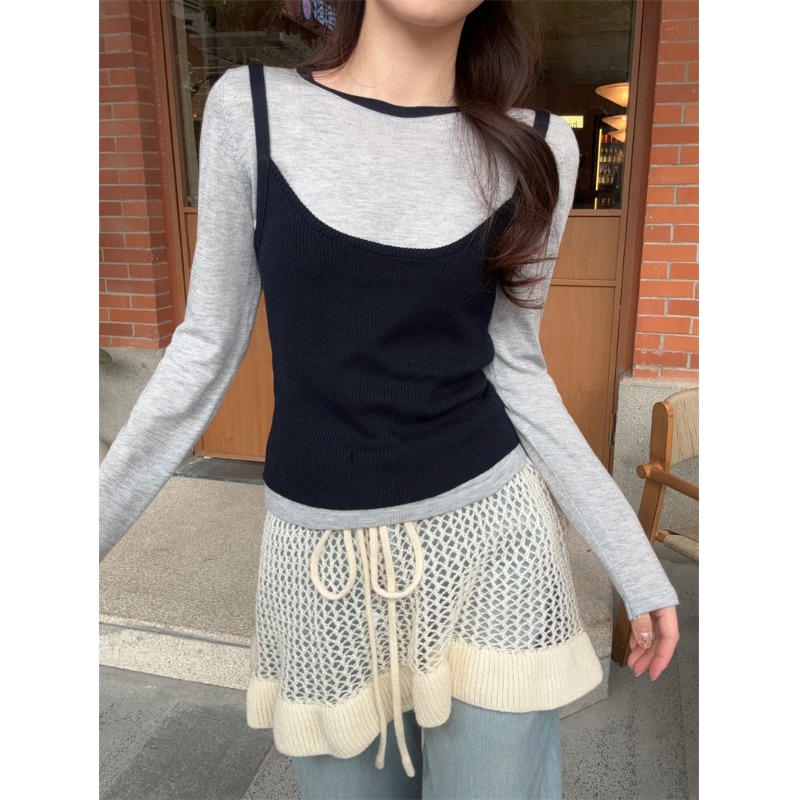 Two-piece set of gentle pink layered knitted suspender vest for women in spring Korean thin round neck long sleeve T-shirt top
