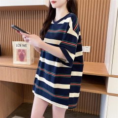 實拍純棉質量/後包領/寬鬆美式正肩中長款條紋T恤