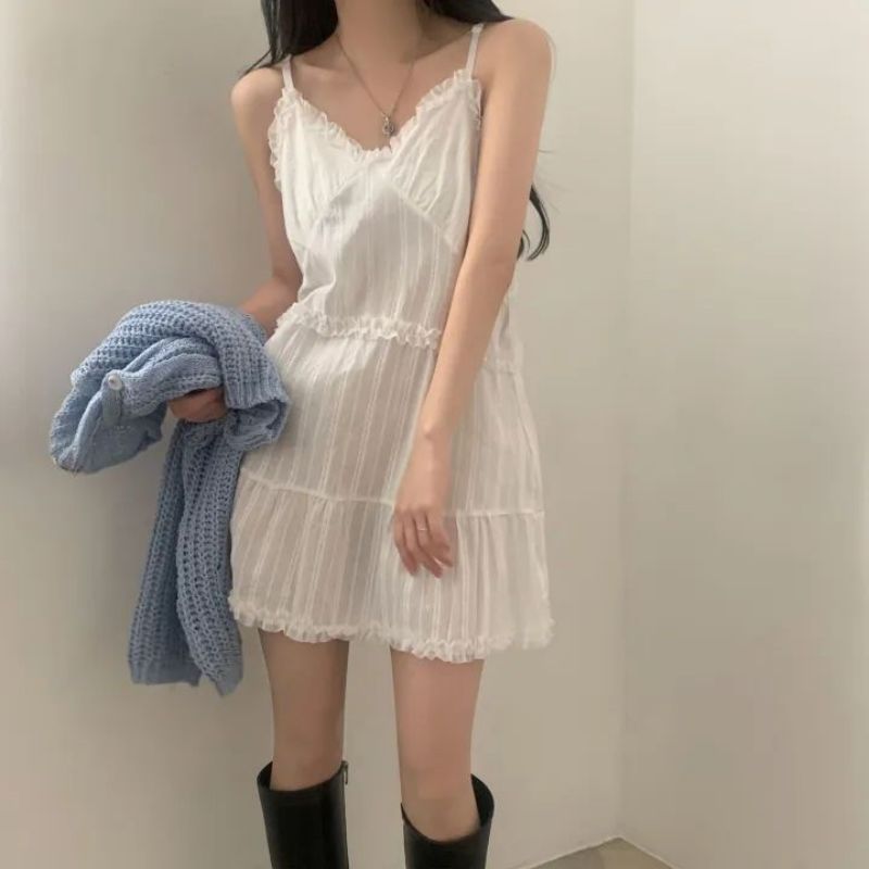 Korean chic summer new black and white two-color double-sided suspender dress sweet lace splicing design super fairy