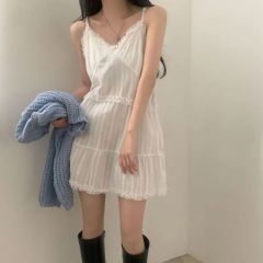 Korean chic summer new black and white two-color double-sided suspender dress sweet lace splicing design super fairy