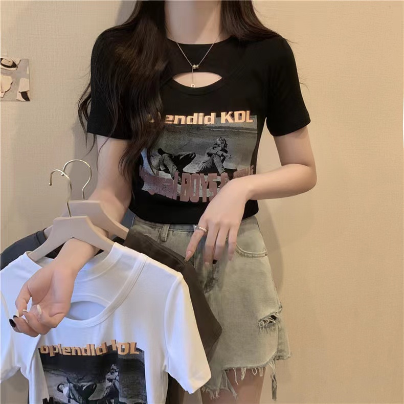 Real shot of pure cotton rib design niche hollow short short sleeve T-shirt for women