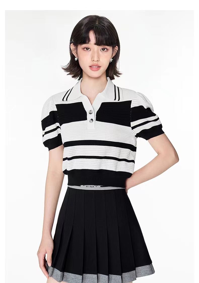 Ice silk striped contrasting color Polo collar sweater for women in summer 2025 new versatile temperament short-sleeved puff sleeve top